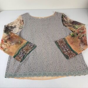 Sundance Womens Grey Lace Silk Floral Sleeve Boho Blouse Top Large RN 106205